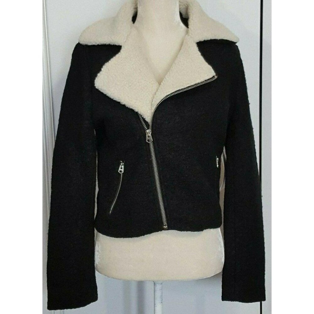 Black Moto Jacket M Wool Blend Sherpa Collar Zippers ADAM‎ LEVINE